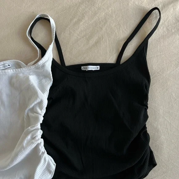 Zara Ruched Ribbed Tank Tops—black & white, size medium - Picture 2 of 4